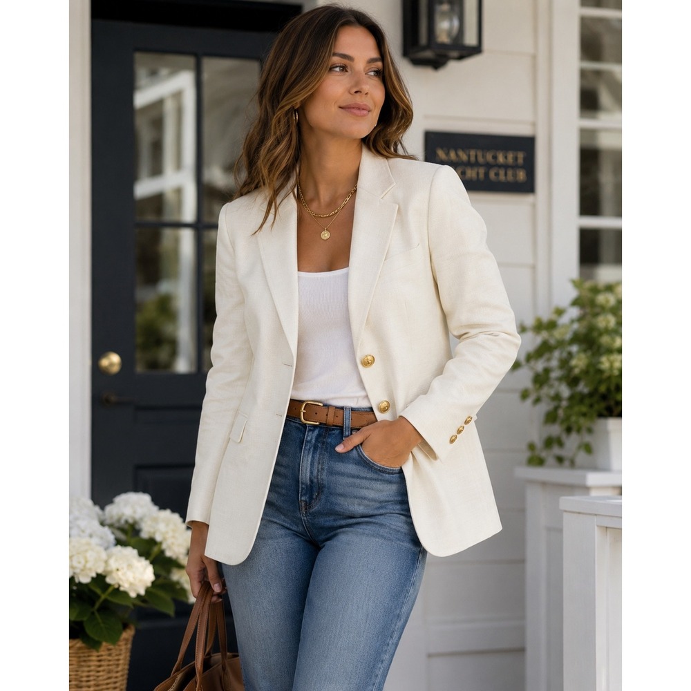 Chic Coastal Old Money Ivory Blazer Preppy Luxe Anchor Buttons Nautical Sz S